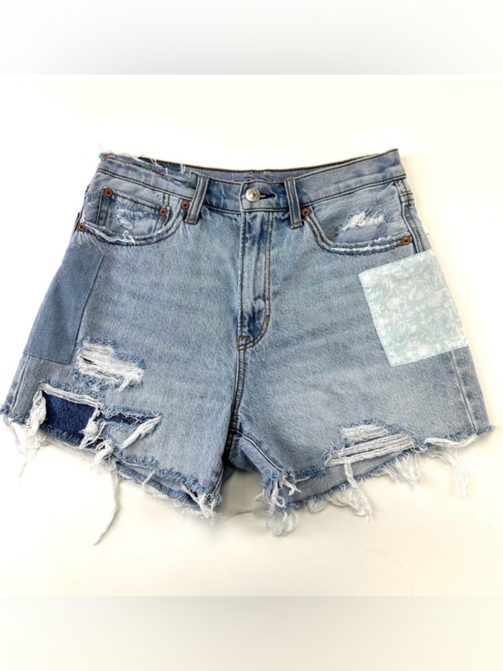 American Eagle 90s Boyfriend Jean shorts size 2 High Rise cutoff patchwork denim